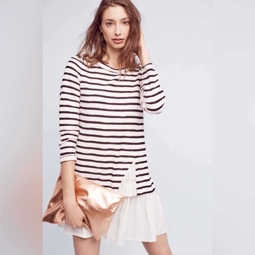 Maeve Black and White ruffle lace layered detail Striped Mini Dress/tunic, small